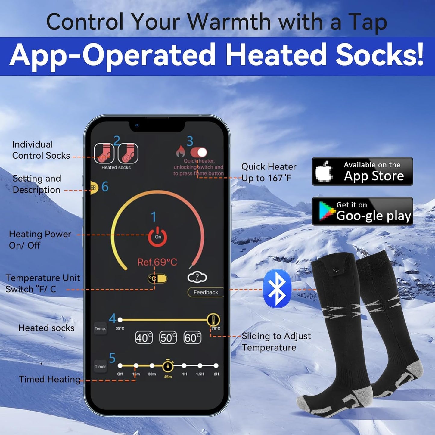 Ninonly Heated Socks for Women Men, APP Control 5000mA Heated Socks Warm Thermal Sock, 3 Heating Settings Winter Foot Warmer Socks for Hunting Camping Skiing Hiking Outdoors