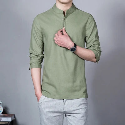 Men's Clothing Men Spring Tops & Tees Male Fashion T-Shirts Stand Collar Long-sleeved Slim Base Shirt Homme Linen t-shirt