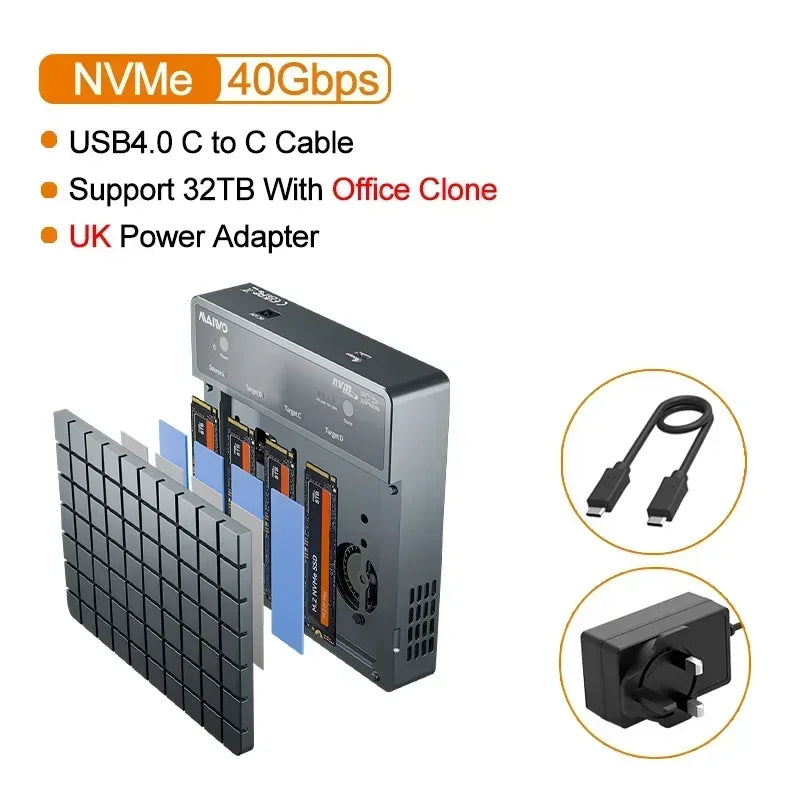 MAIWO 40Gbps M.2 NVMe SSD Enclosure 4 Bay m2 nvme ssd Adapter for M.2 To Type-C 4.0 32TB Hard Drive Case Support Offline Clone