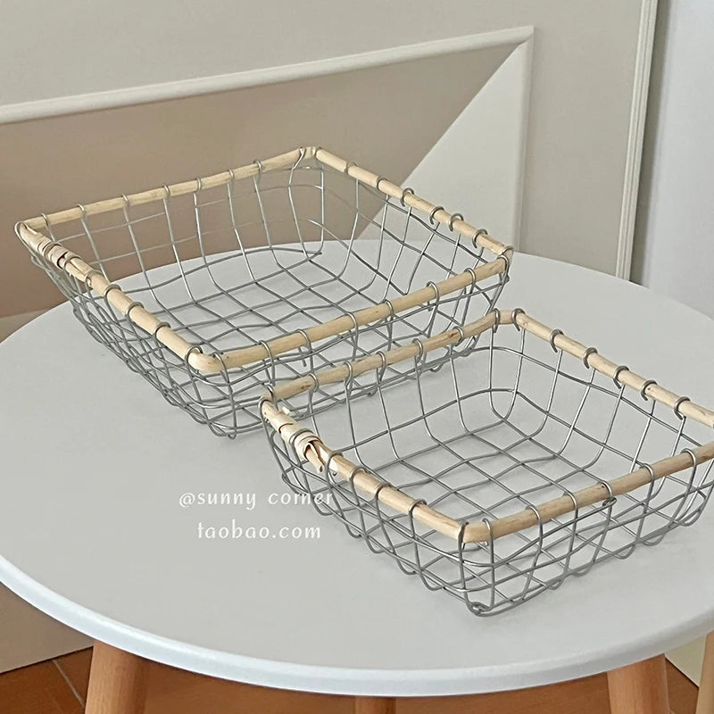 Woven Iron Art Storage Basket Hollow out Fruit Sna Bread Desktop Organizer Basket Casual Chic Metal Storage Caddy