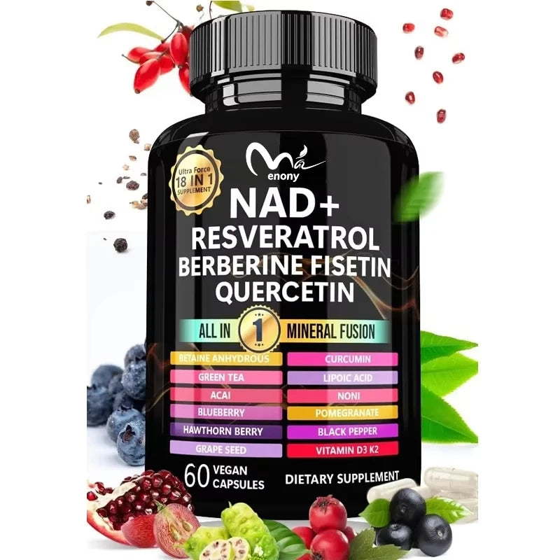 NAD supplement capsules containing liposomal NAD+, trans resveratrol, quercetin, betaine, grape seeds, fennel