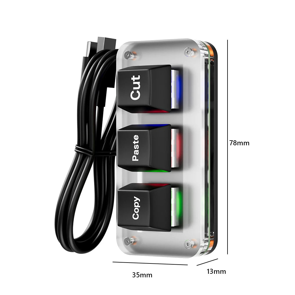 RGB Mini Cut Copy Paste Keyboard 3-Key Ctrl X C V Shortcut One Handed Keyboard USB Type-C Macro Keypad Programmable Keyboard
