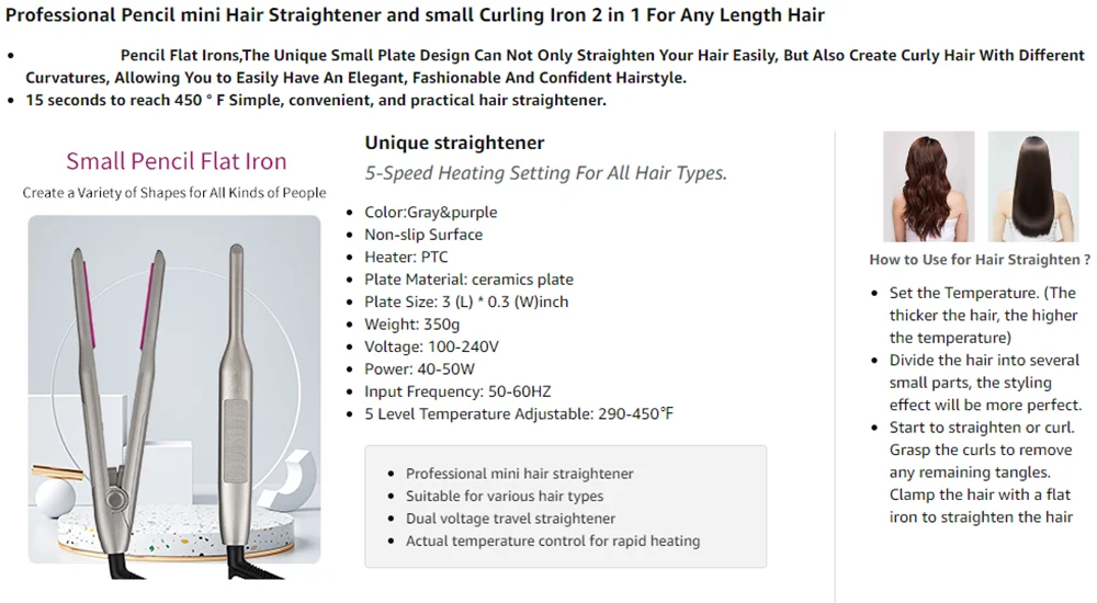 Hair Straightener Curler Professional Ceramic Coating Thinnest Plate Pencil Flat Irons For Short Hair Men's Beard Stylling Tool