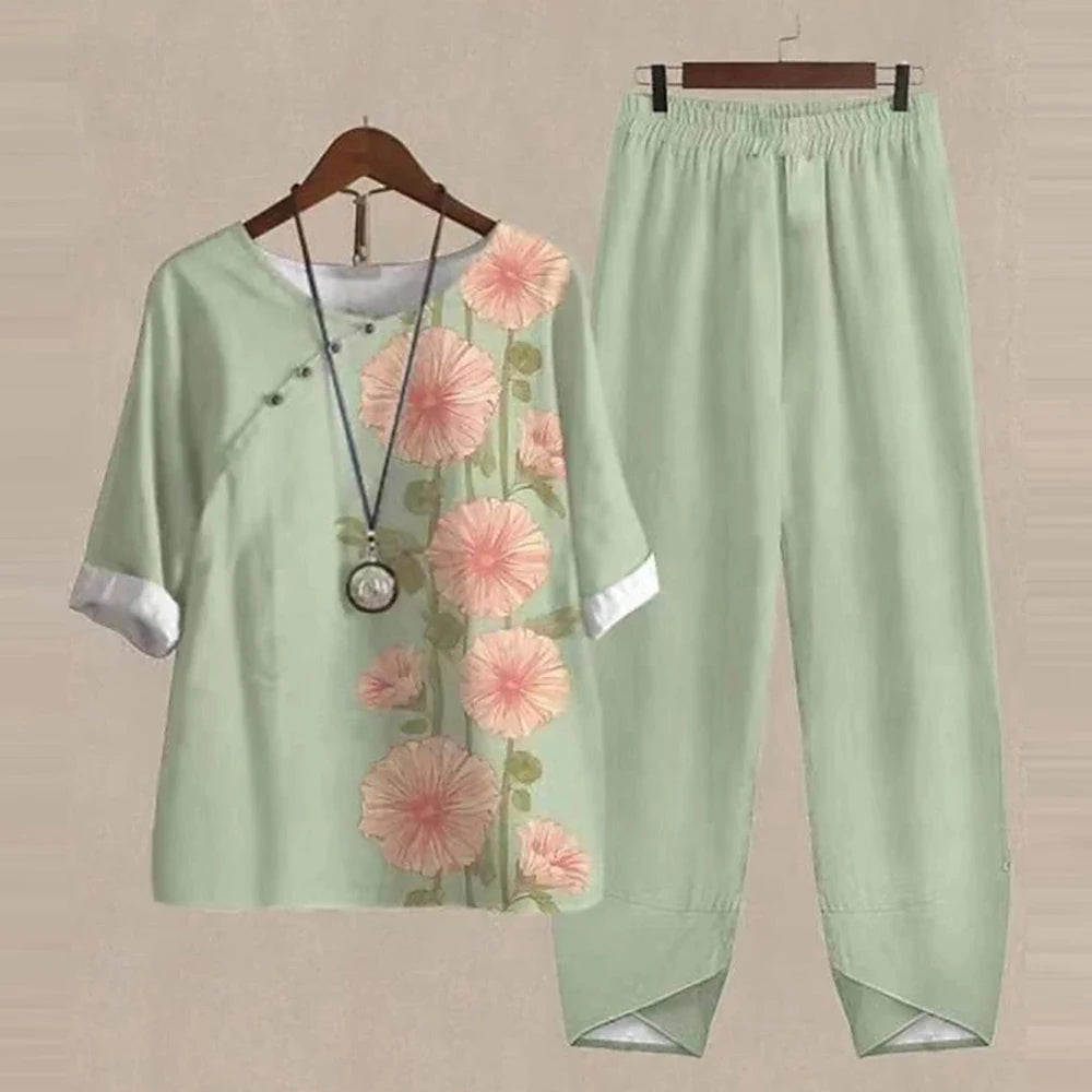 Summer 2 Piece Set Women Loose Short Sleeve Shirt Top High Waist Pants Flower Print Outfits Ladies Elegant Vintage Suit Fall