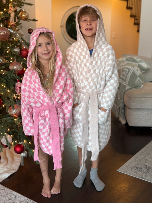 Childrens Check Print Hooded Robe - restocking in April