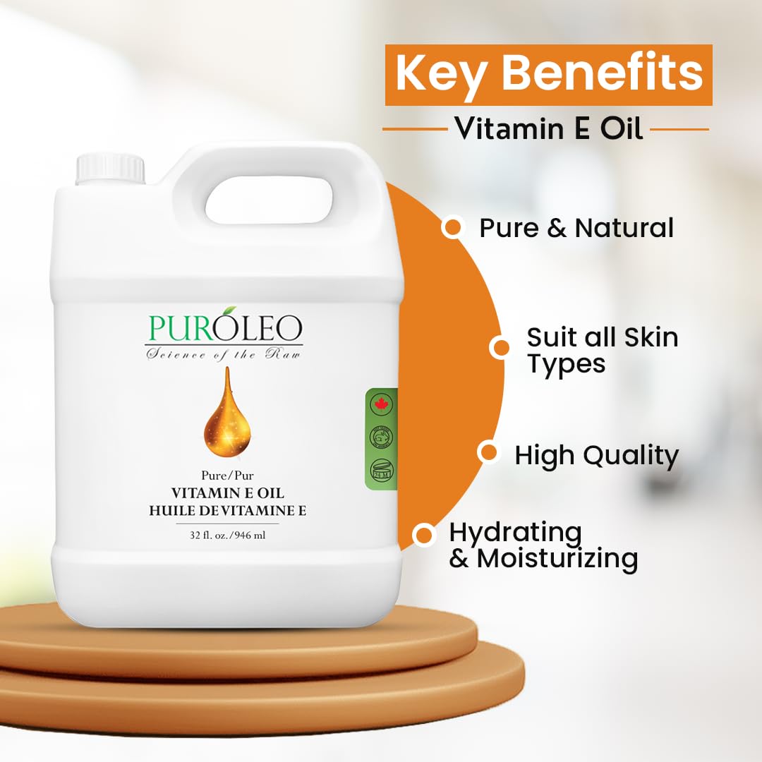 PUROLEO Vitamin E Oil 32 FL Oz/946 ML (Packed in Canada) Pure Vitamin E Oil for Skin, Hair, and Face. A versatile oil suitable for various personal care and cosmetic applications.