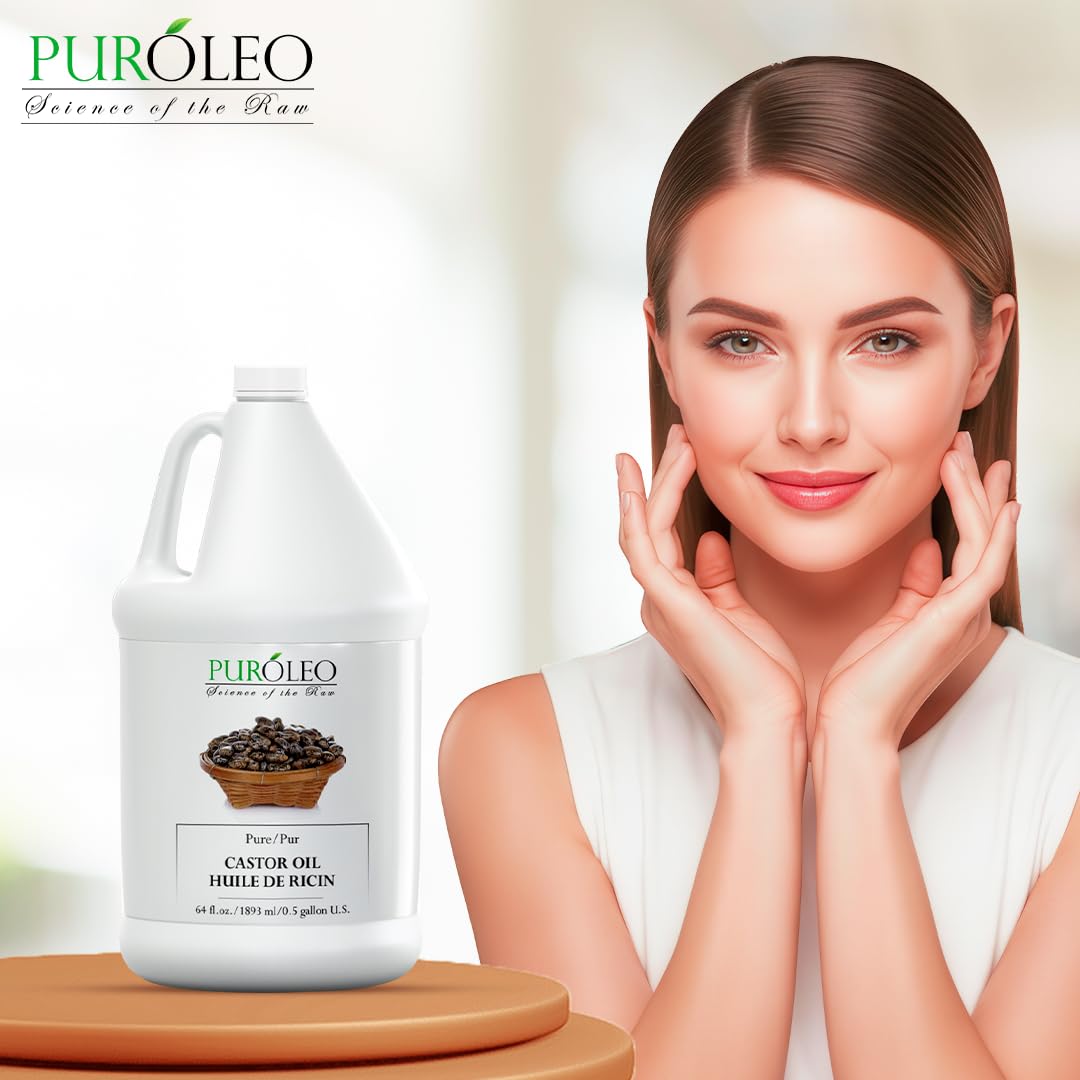 PUROLEO Castor Oil 64 Fl Oz/1900 ML (Packed In Canada) 100% Pure and Natural Hair, Lash, Beard, Eyelashes & Eyebrow Oil Black castor oil for brow lashes, Make eyelash serum, hair serum for dry hair and frizzy | huile de ricin pour huile de ricin pour chev