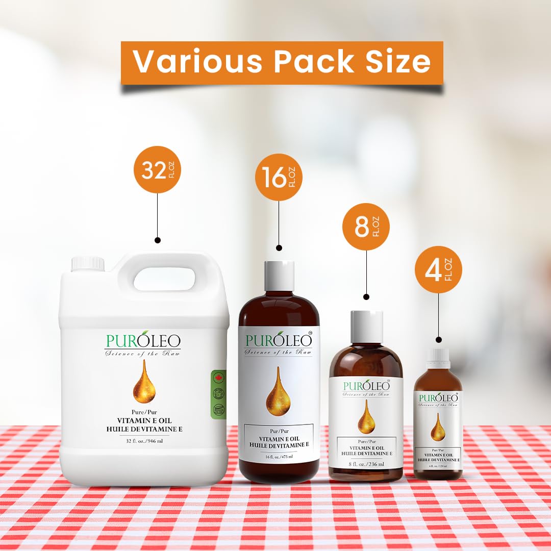 PUROLEO Vitamin E Oil 32 FL Oz/946 ML (Packed in Canada) Pure Vitamin E Oil for Skin, Hair, and Face. A versatile oil suitable for various personal care and cosmetic applications.