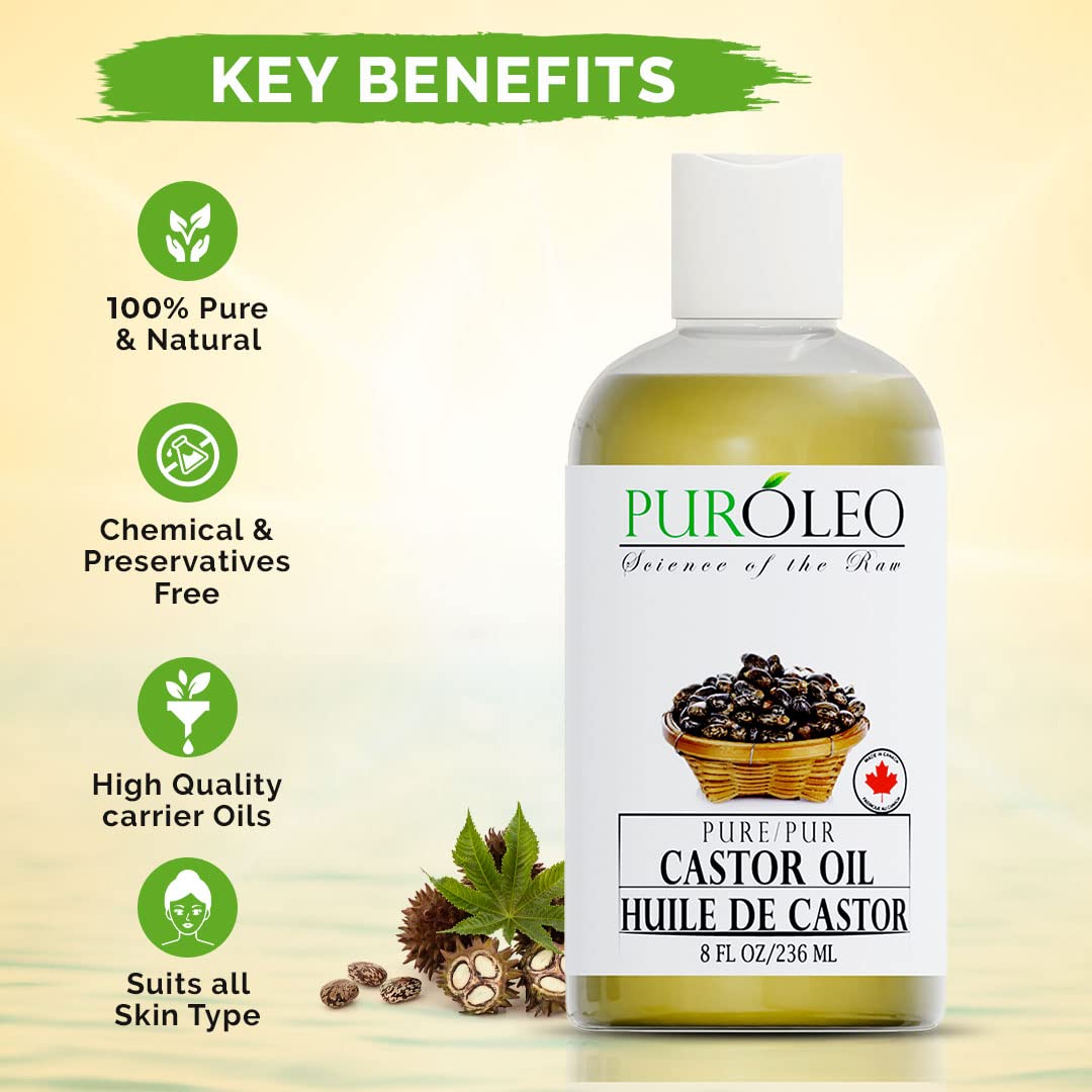 PUROLEO Castor Oil 64 Fl Oz/1900 ML (Packed In Canada) 100% Pure and Natural Hair, Lash, Beard, Eyelashes & Eyebrow Oil Black castor oil for brow lashes, Make eyelash serum, hair serum for dry hair and frizzy | huile de ricin pour huile de ricin pour chev