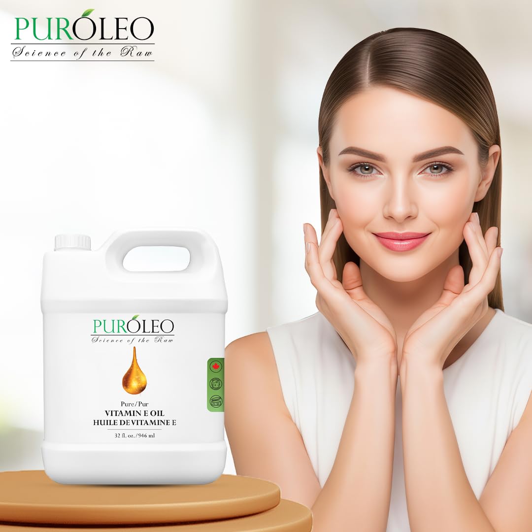 PUROLEO Vitamin E Oil 32 FL Oz/946 ML (Packed in Canada) Pure Vitamin E Oil for Skin, Hair, and Face. A versatile oil suitable for various personal care and cosmetic applications.