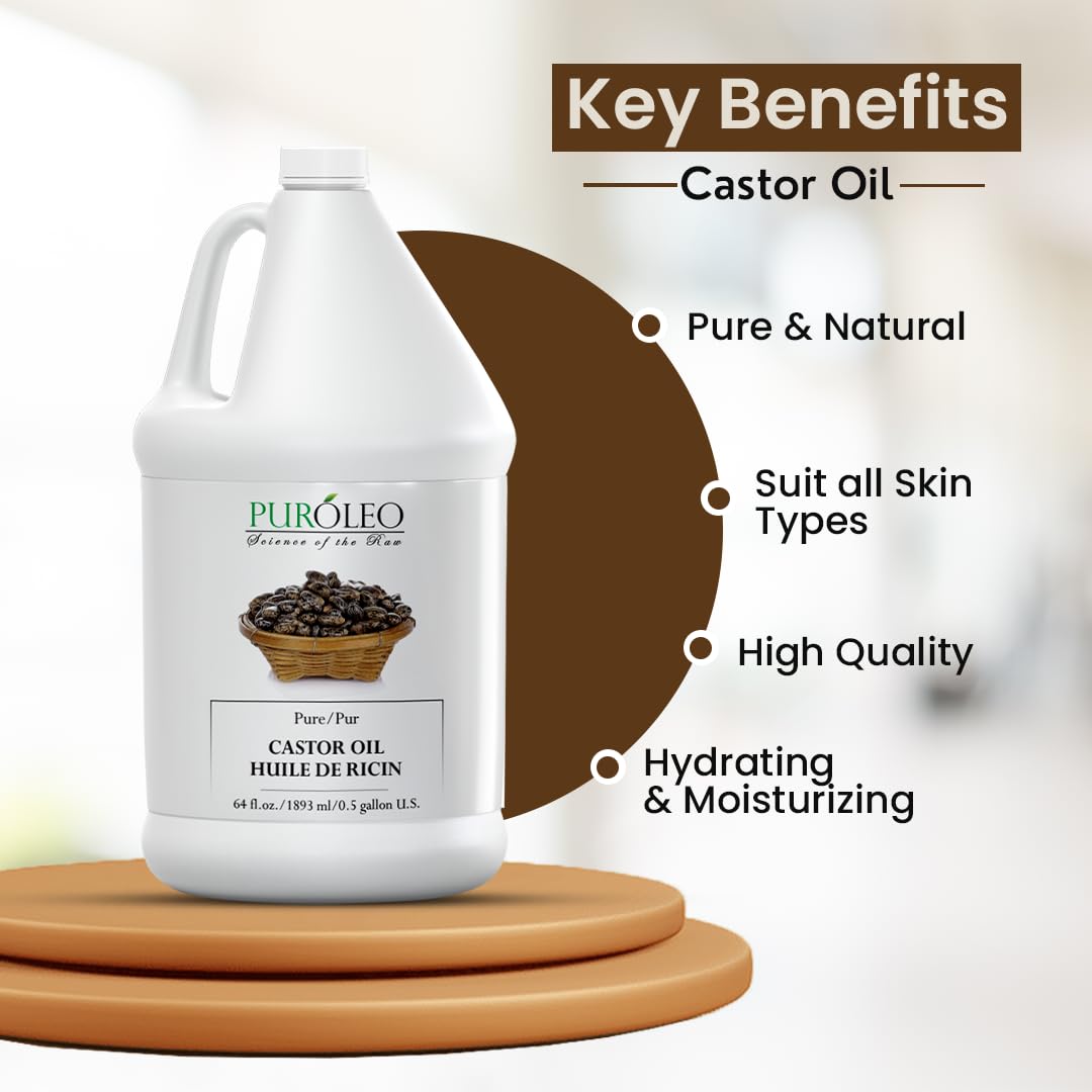 PUROLEO Castor Oil 64 Fl Oz/1900 ML (Packed In Canada) 100% Pure and Natural Hair, Lash, Beard, Eyelashes & Eyebrow Oil Black castor oil for brow lashes, Make eyelash serum, hair serum for dry hair and frizzy | huile de ricin pour huile de ricin pour chev