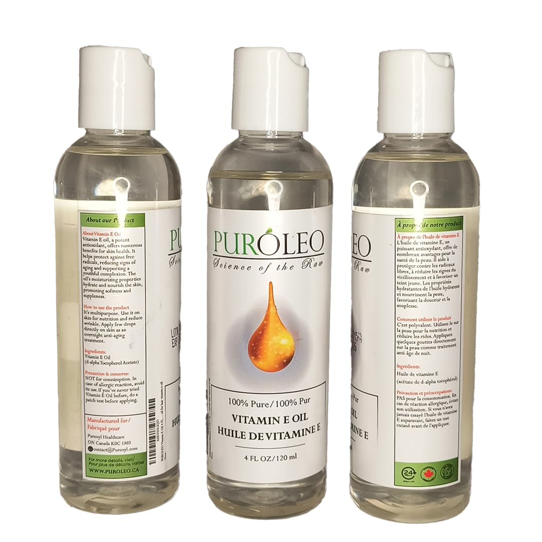 PUROLEO Vitamin E Oil 32 FL Oz/946 ML (Packed in Canada) Pure Vitamin E Oil for Skin, Hair, and Face. A versatile oil suitable for various personal care and cosmetic applications.