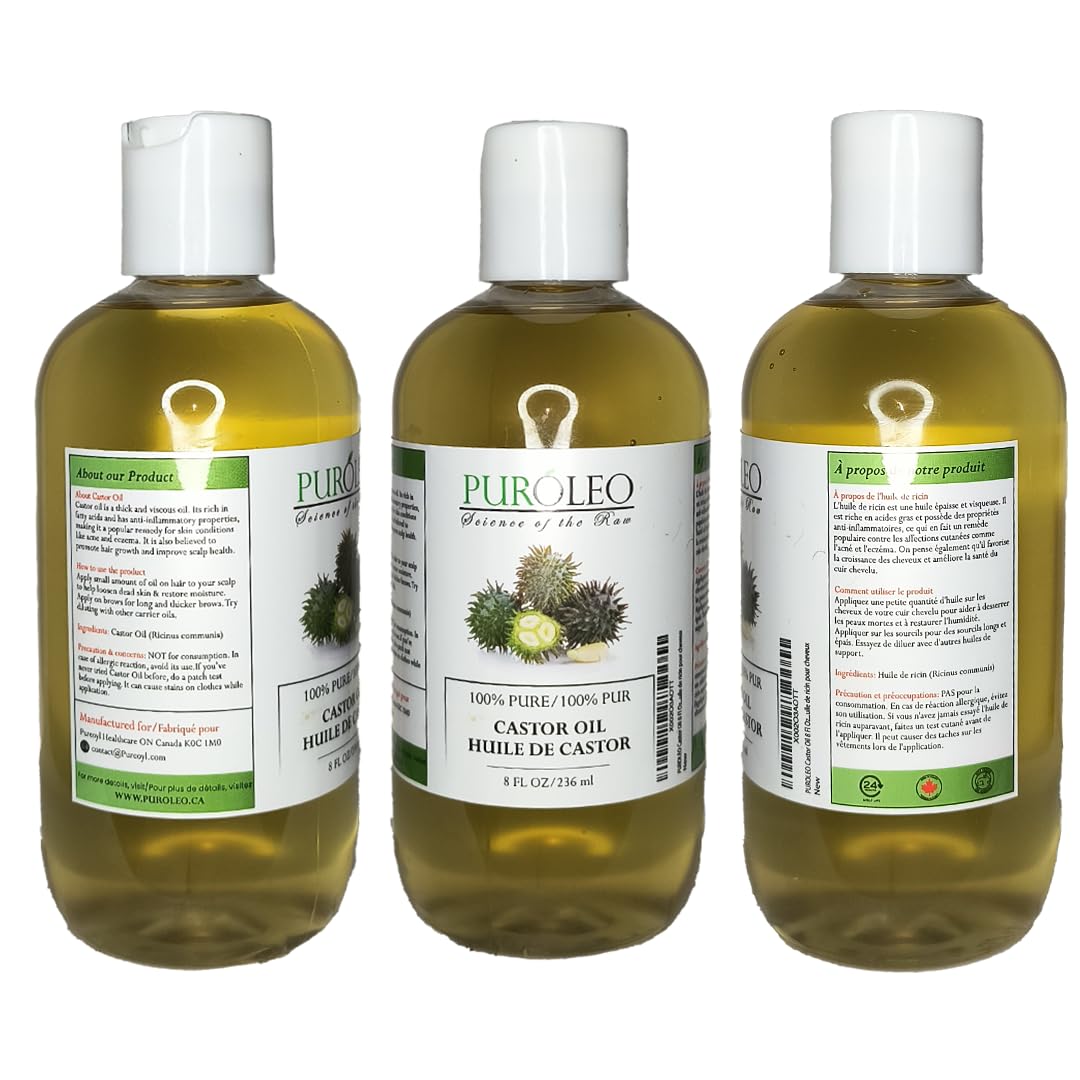 PUROLEO Castor Oil 64 Fl Oz/1900 ML (Packed In Canada) 100% Pure and Natural Hair, Lash, Beard, Eyelashes & Eyebrow Oil Black castor oil for brow lashes, Make eyelash serum, hair serum for dry hair and frizzy | huile de ricin pour huile de ricin pour chev