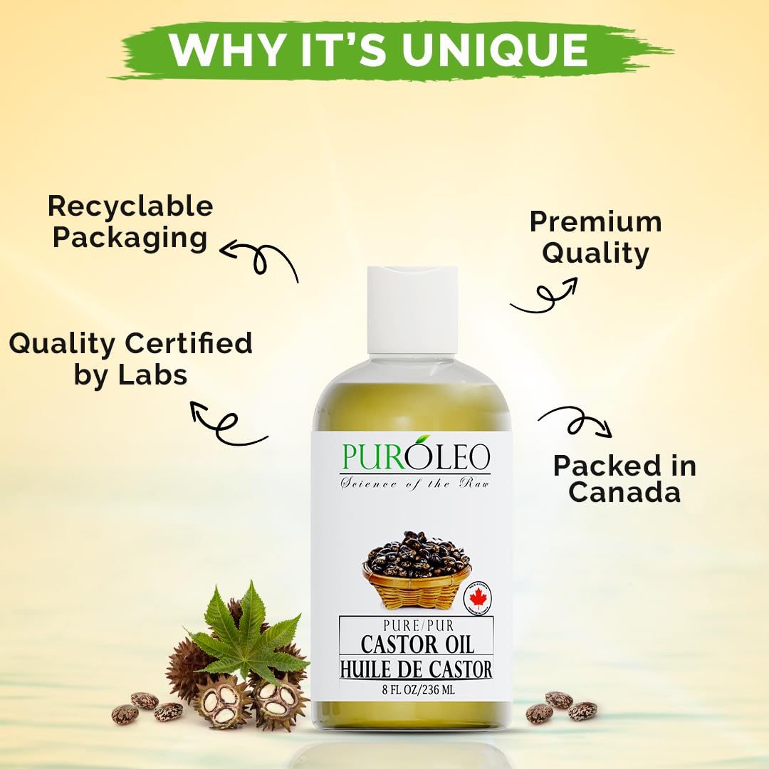 PUROLEO Castor Oil 64 Fl Oz/1900 ML (Packed In Canada) 100% Pure and Natural Hair, Lash, Beard, Eyelashes & Eyebrow Oil Black castor oil for brow lashes, Make eyelash serum, hair serum for dry hair and frizzy | huile de ricin pour huile de ricin pour chev