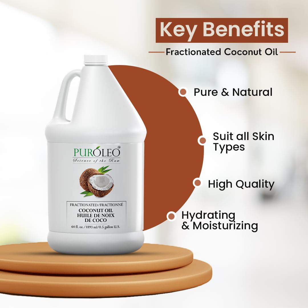 PUROLEO Fractionated Coconut Oil 64 Fl Oz/1900 ML (Packed In Canada) 100% Natural and odorless Moisturizer & Carrier Oil | Hair Skin Body, Aromatherapy, Massage, Makeup Remover | huile de coco, huile massage