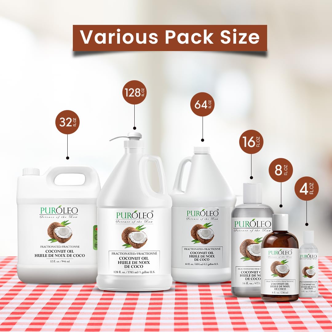 PUROLEO Fractionated Coconut Oil 64 Fl Oz/1900 ML (Packed In Canada) 100% Natural and odorless Moisturizer & Carrier Oil | Hair Skin Body, Aromatherapy, Massage, Makeup Remover | huile de coco, huile massage