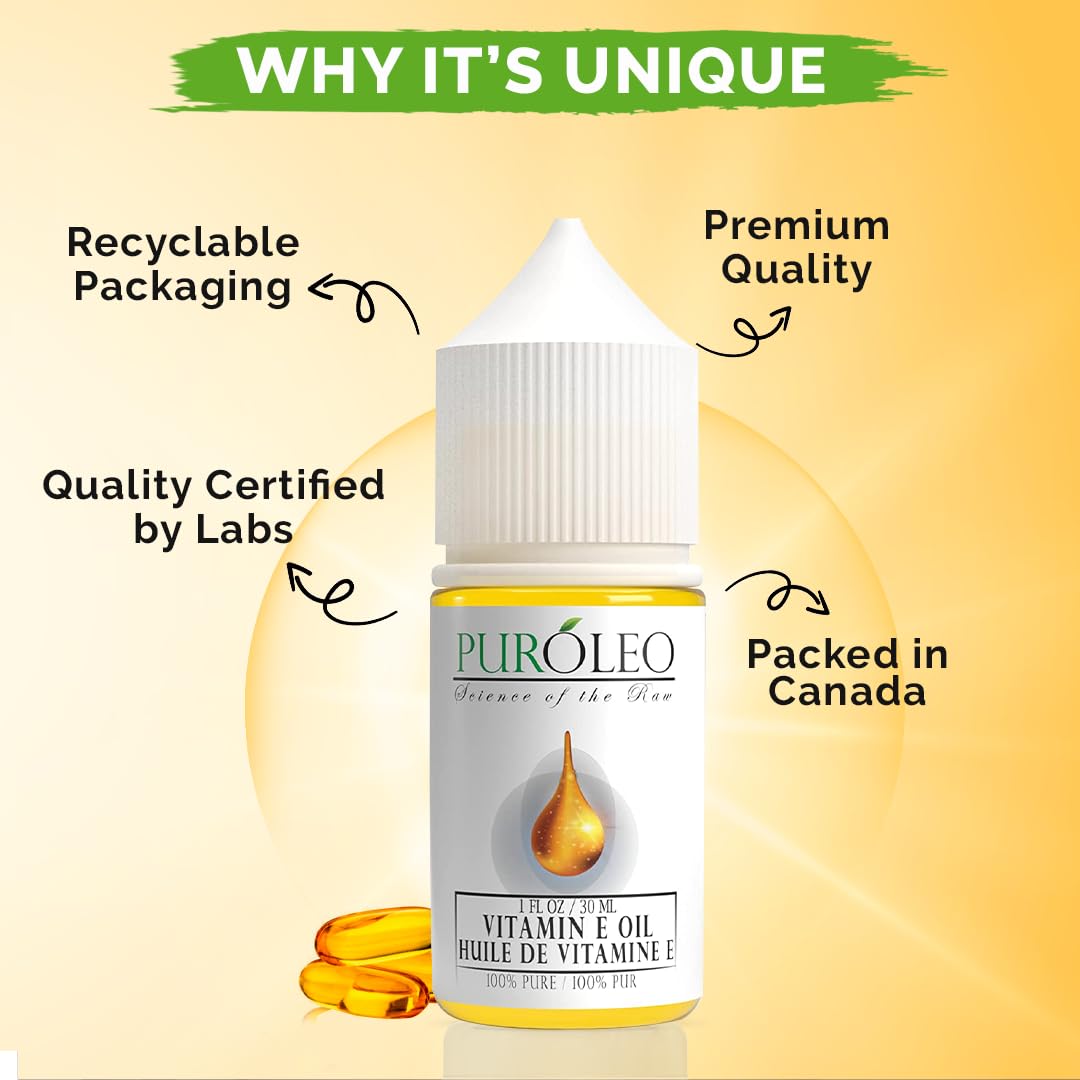 PUROLEO Vitamin E Oil 32 FL Oz/946 ML (Packed in Canada) Pure Vitamin E Oil for Skin, Hair, and Face. A versatile oil suitable for various personal care and cosmetic applications.