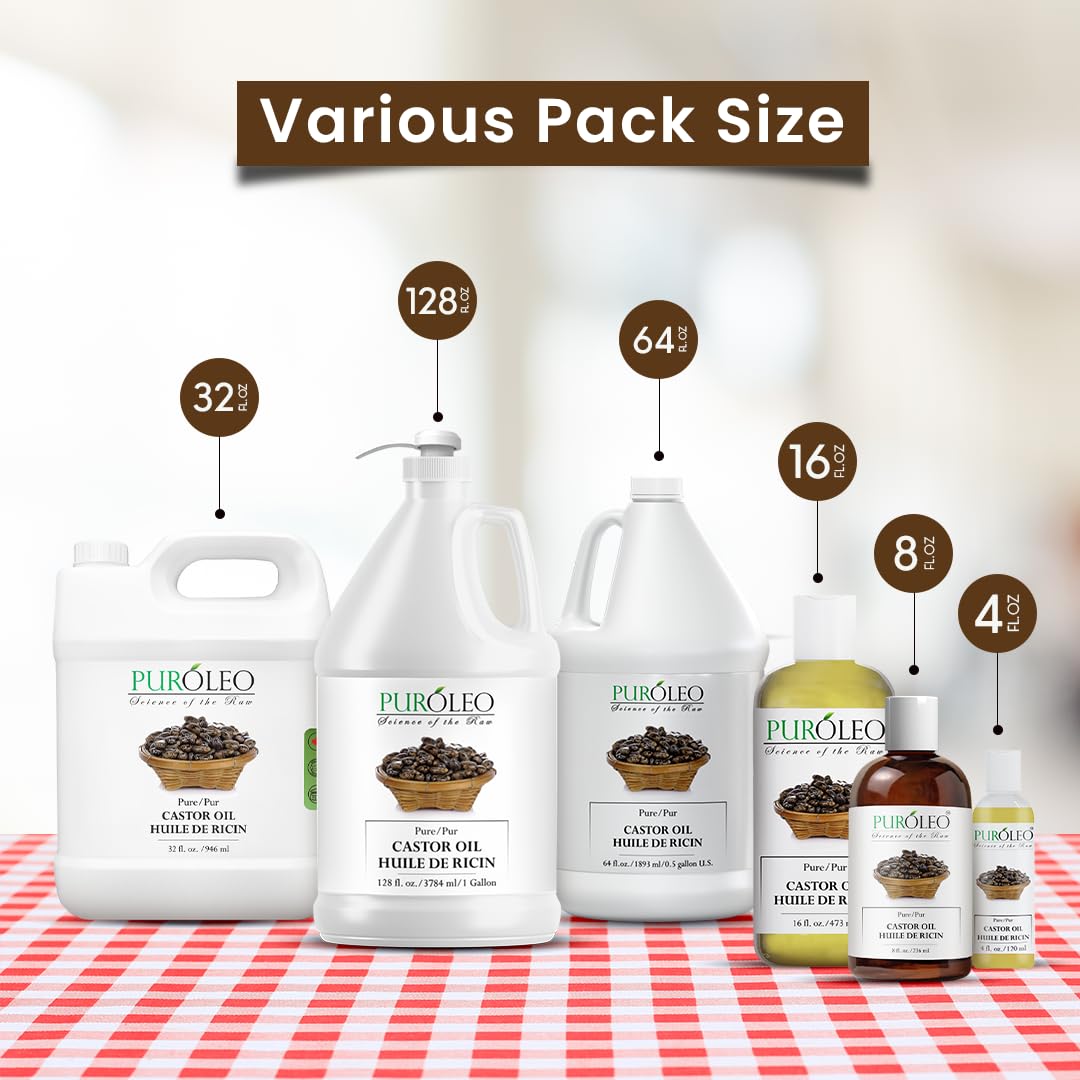 PUROLEO Castor Oil 64 Fl Oz/1900 ML (Packed In Canada) 100% Pure and Natural Hair, Lash, Beard, Eyelashes & Eyebrow Oil Black castor oil for brow lashes, Make eyelash serum, hair serum for dry hair and frizzy | huile de ricin pour huile de ricin pour chev