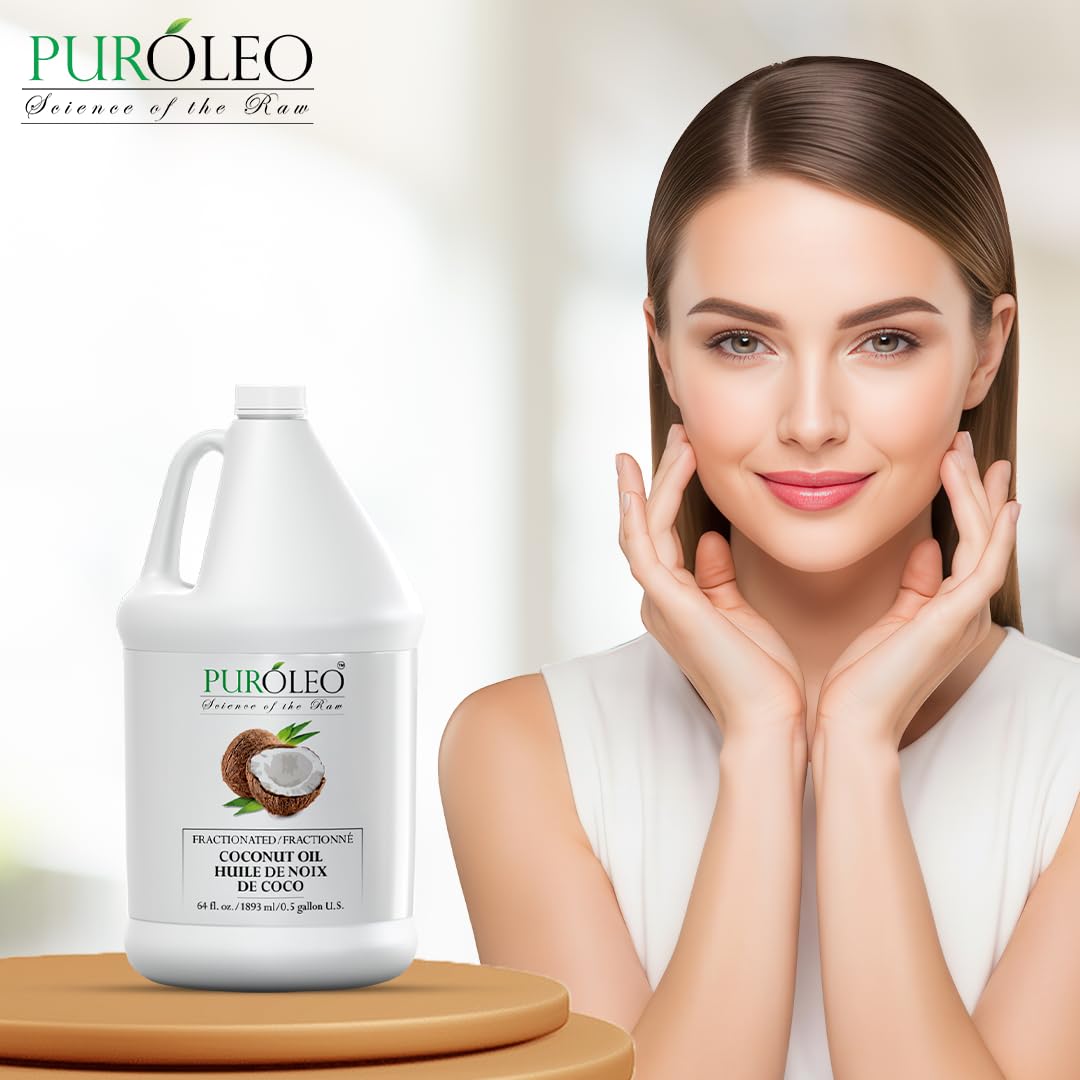 PUROLEO Fractionated Coconut Oil 64 Fl Oz/1900 ML (Packed In Canada) 100% Natural and odorless Moisturizer & Carrier Oil | Hair Skin Body, Aromatherapy, Massage, Makeup Remover | huile de coco, huile massage