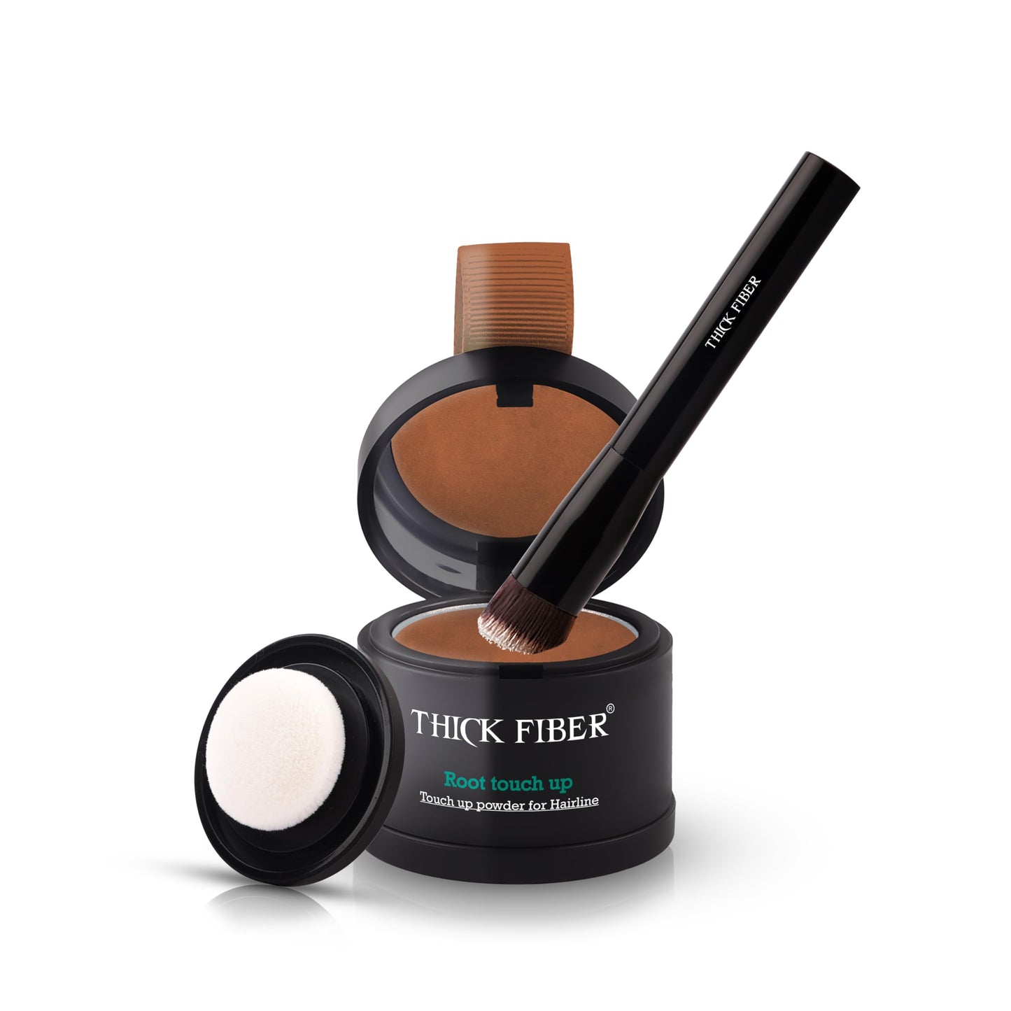 THICK FIBER Root Touch Up & Hairline Powder with Brush 4g – Covers Grey Roots & Thinning Hair – Sweat & Water Resistant – Hair Concealer for Bald Spots & Fill-In (Black) for Women & Men