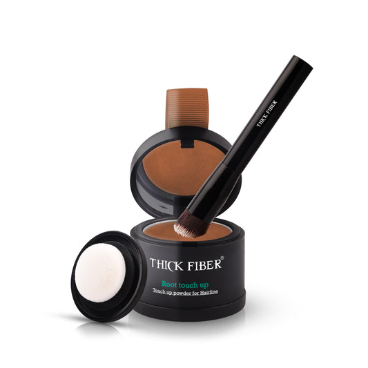 THICK FIBER Root Touch Up & Hairline Powder with Brush 4g – Covers Grey Roots & Thinning Hair – Sweat & Water Resistant – Hair Concealer for Bald Spots & Fill-In (Black) for Women & Men