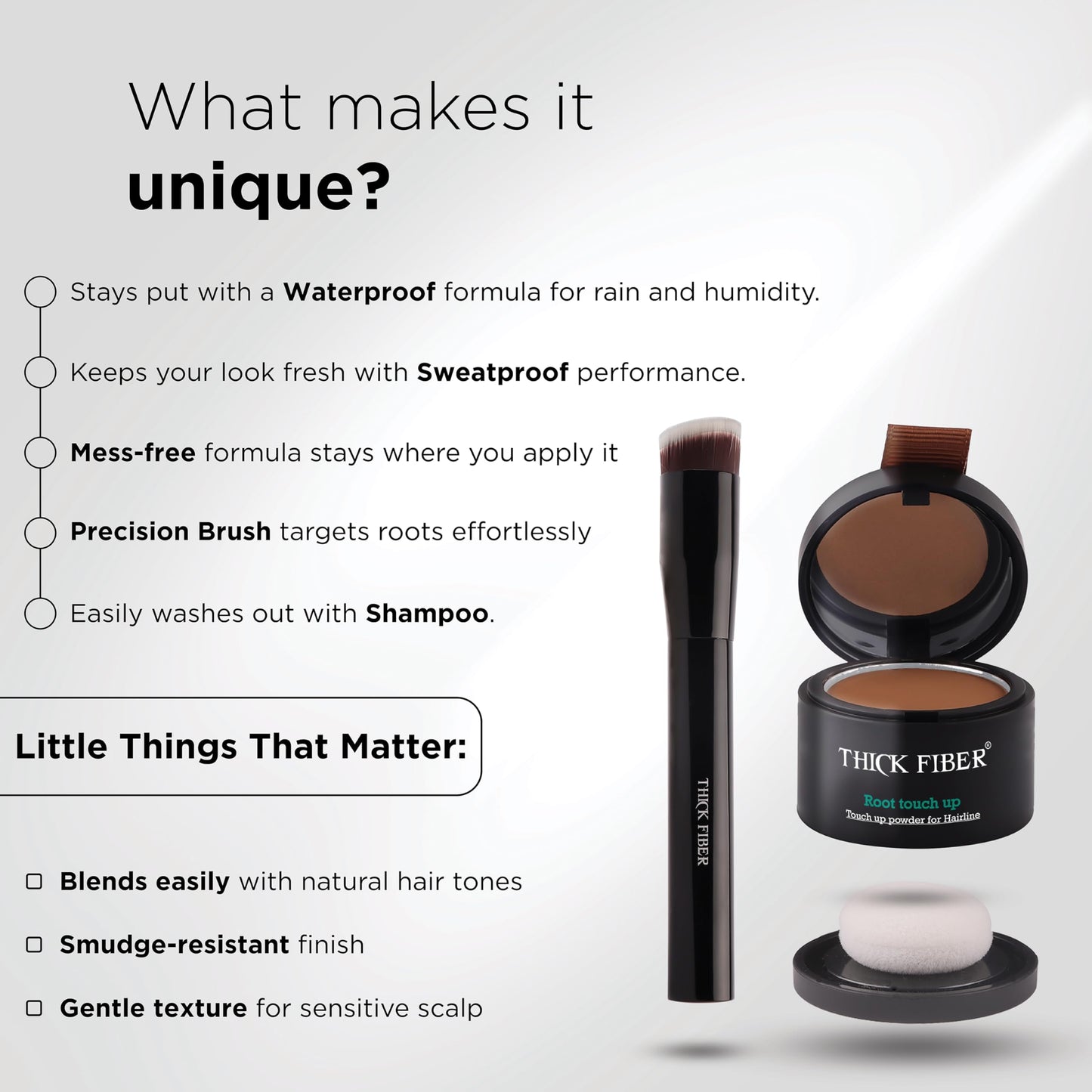 THICK FIBER Root Touch Up & Hairline Powder with Brush 4g – Covers Grey Roots & Thinning Hair – Sweat & Water Resistant – Hair Concealer for Bald Spots & Fill-In (Black) for Women & Men