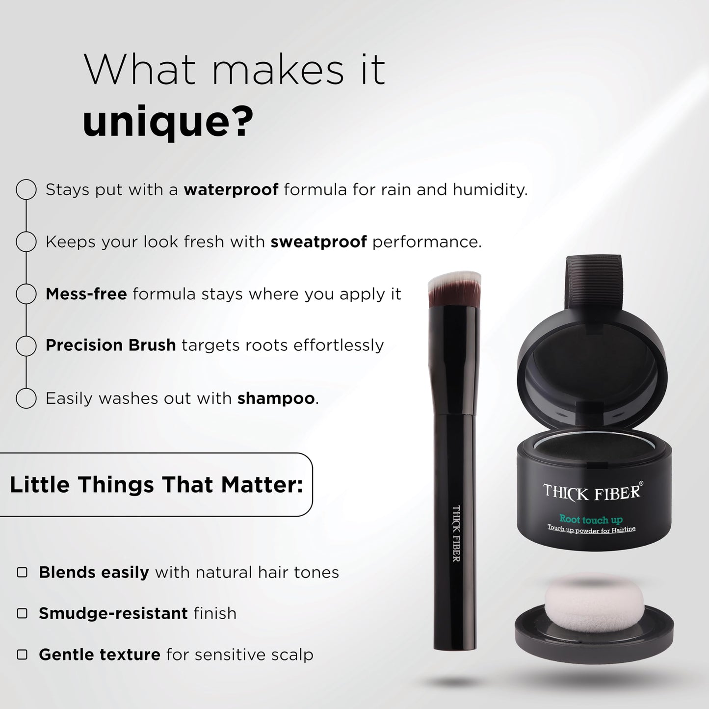THICK FIBER Root Touch Up & Hairline Powder with Brush 4g – Covers Grey Roots & Thinning Hair – Sweat & Water Resistant – Hair Concealer for Bald Spots & Fill-In (Black) for Women & Men