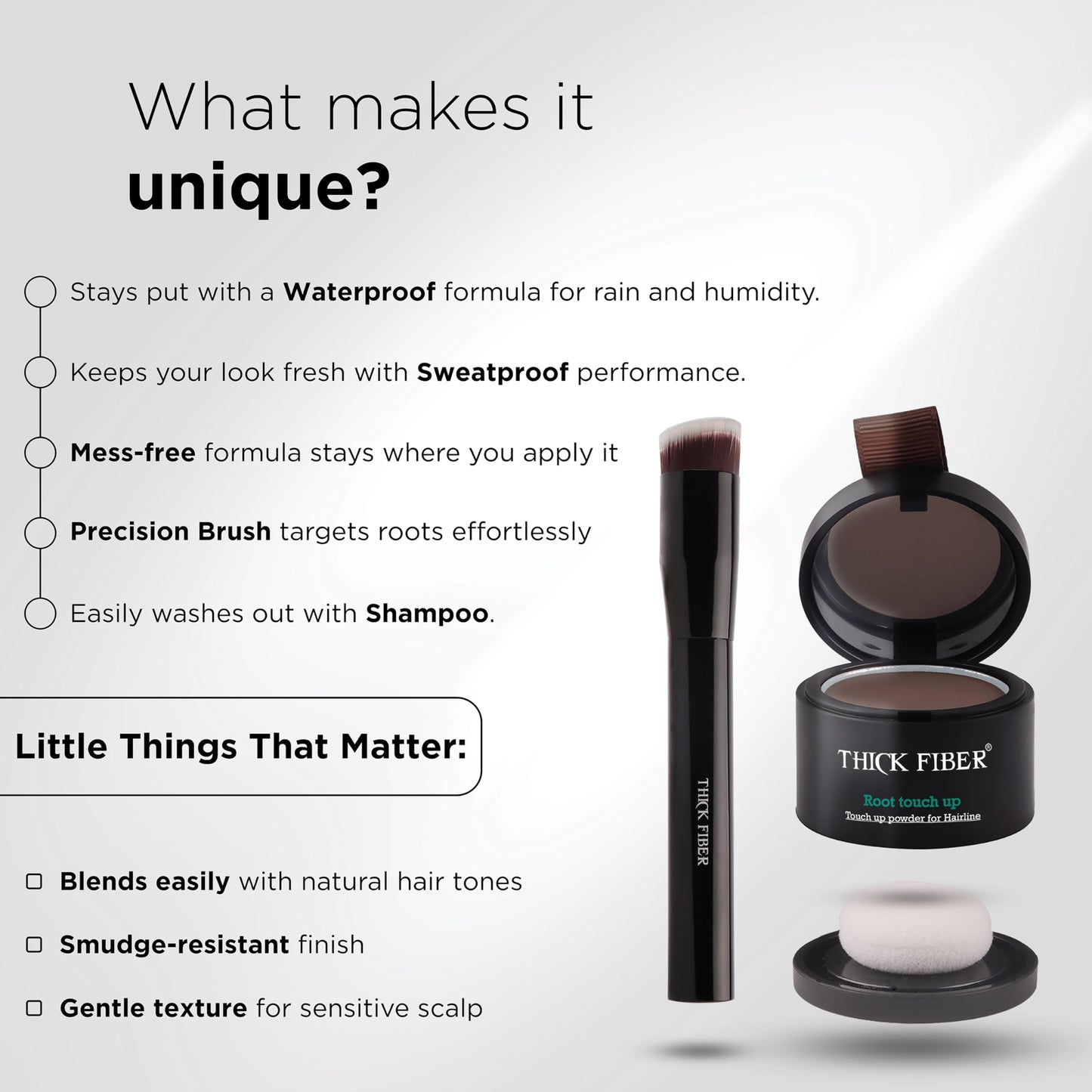 THICK FIBER Root Touch Up & Hairline Powder with Brush 4g – Covers Grey Roots & Thinning Hair – Sweat & Water Resistant – Hair Concealer for Bald Spots & Fill-In (Black) for Women & Men