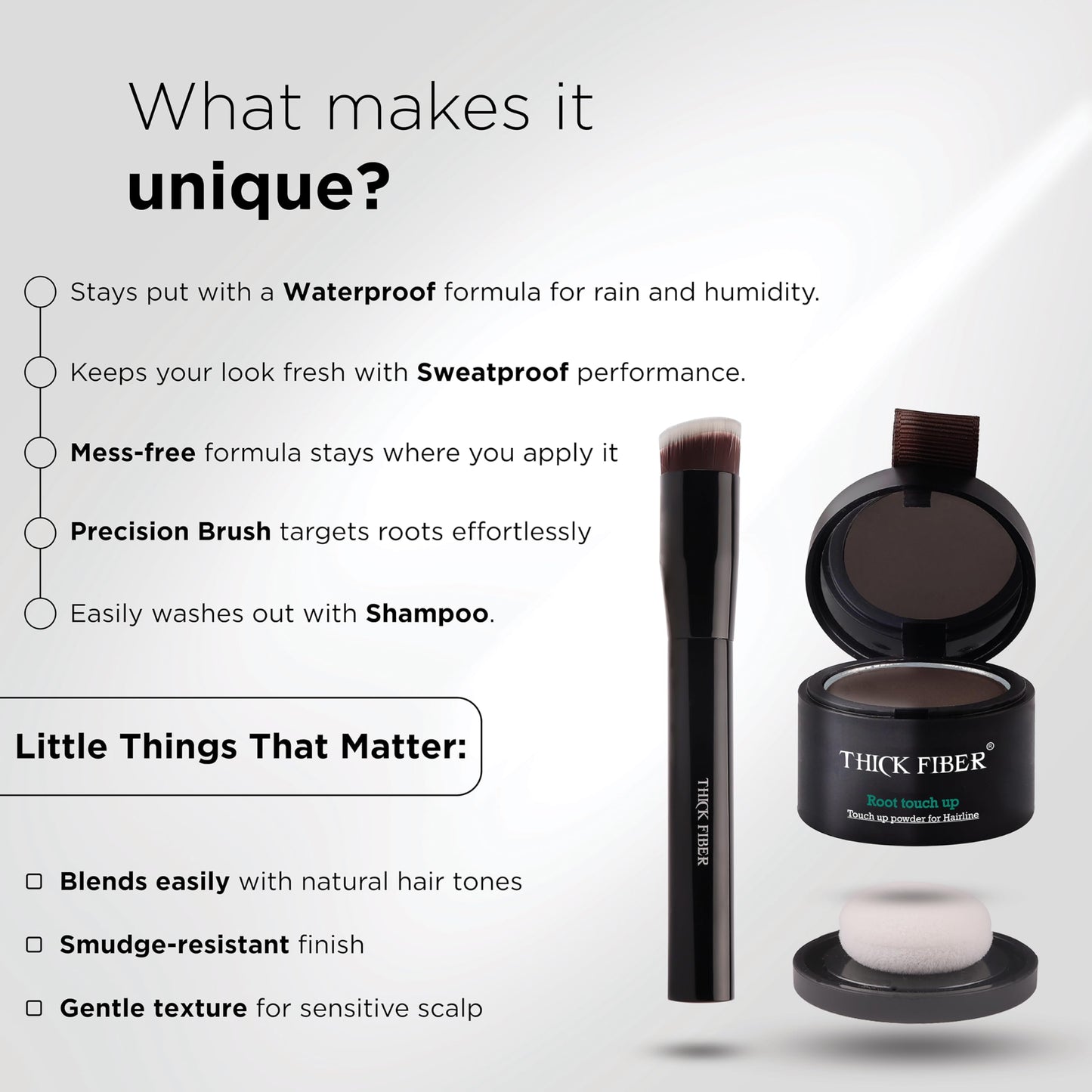 THICK FIBER Root Touch Up & Hairline Powder with Brush 4g – Covers Grey Roots & Thinning Hair – Sweat & Water Resistant – Hair Concealer for Bald Spots & Fill-In (Black) for Women & Men