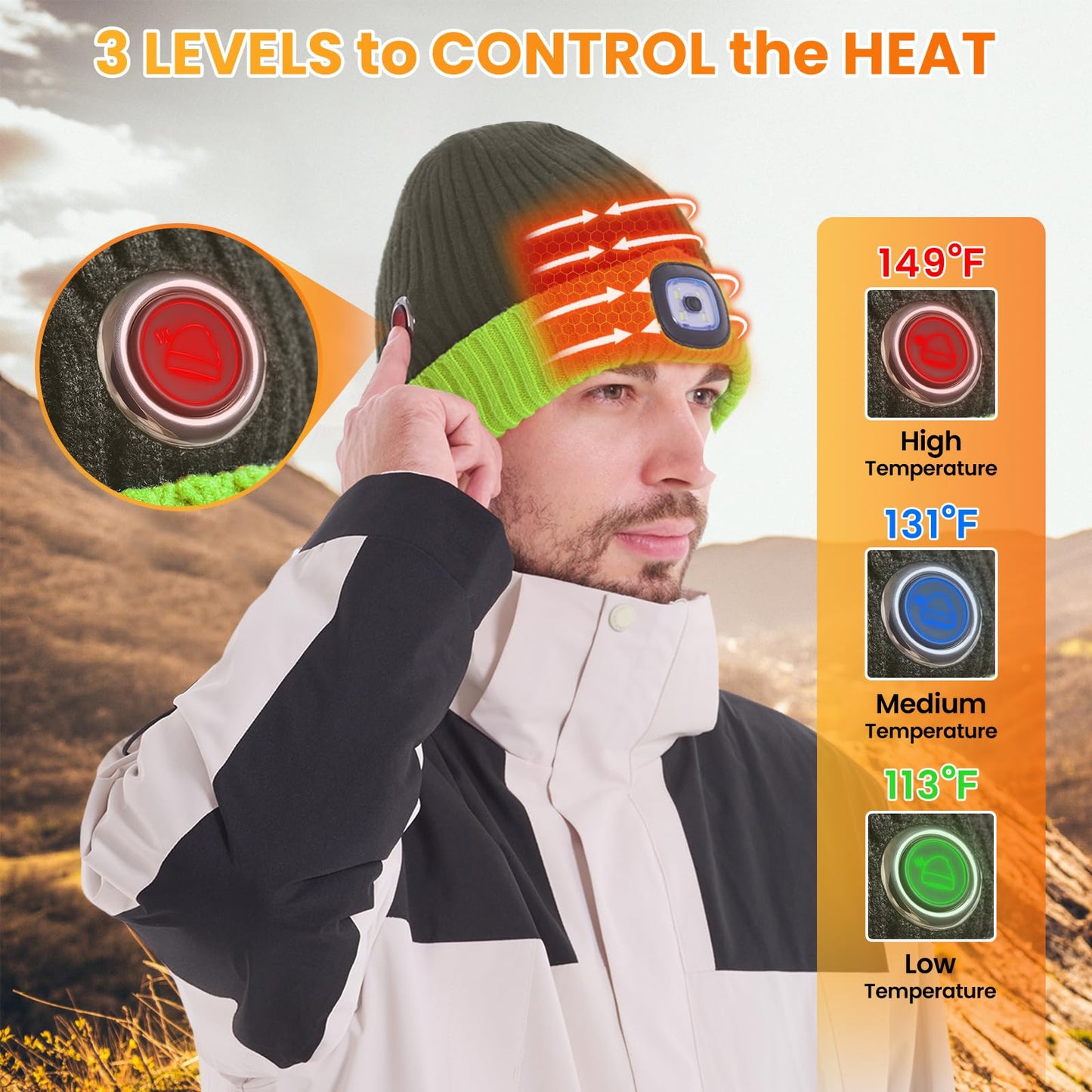 Heated Hat with Led Light, Knit Heated Beanie with 5V 4000mAH Rechargeable Battery Gifts for Men and Women