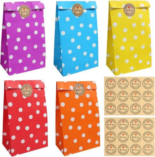 20PCS Paper Party Bags,Colorful Favour Bag Paper Grocery Candy Gift Bags with Thank You Stickers for Party Birthday Valentines' Day Wedding (5.12" × 9.45"）