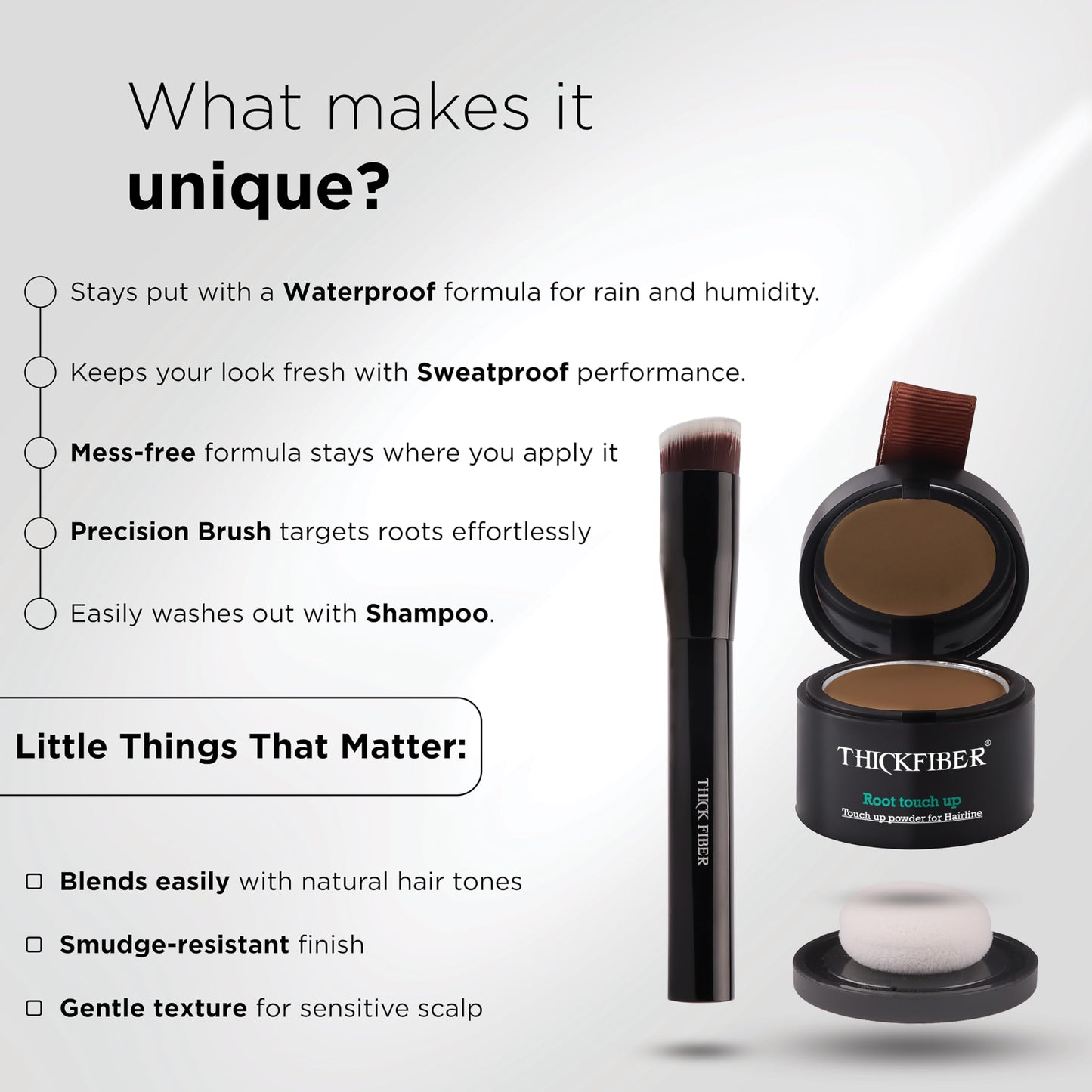 THICK FIBER Root Touch Up & Hairline Powder with Brush 4g – Covers Grey Roots & Thinning Hair – Sweat & Water Resistant – Hair Concealer for Bald Spots & Fill-In (Black) for Women & Men