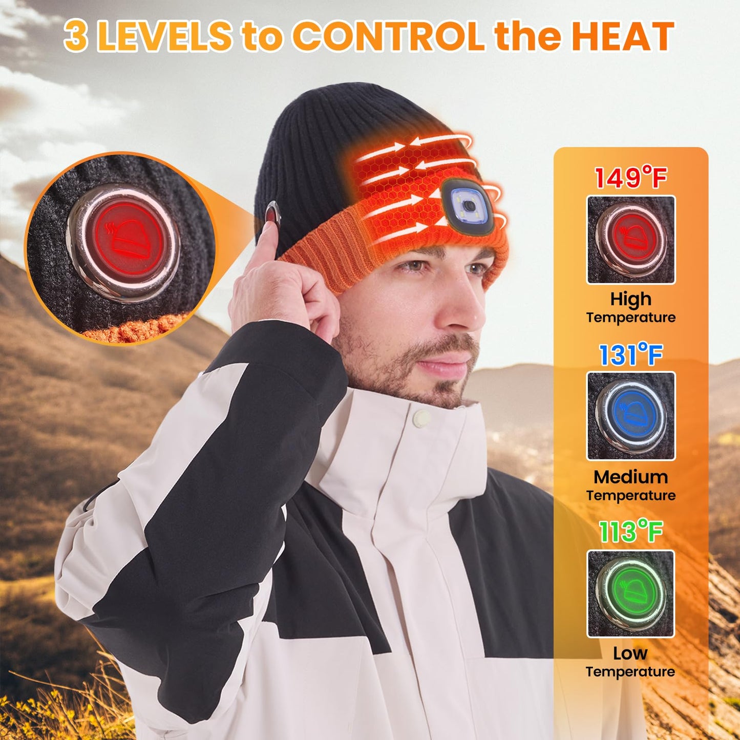 Heated Hat with Led Light, Knit Heated Beanie with 5V 4000mAH Rechargeable Battery Gifts for Men and Women