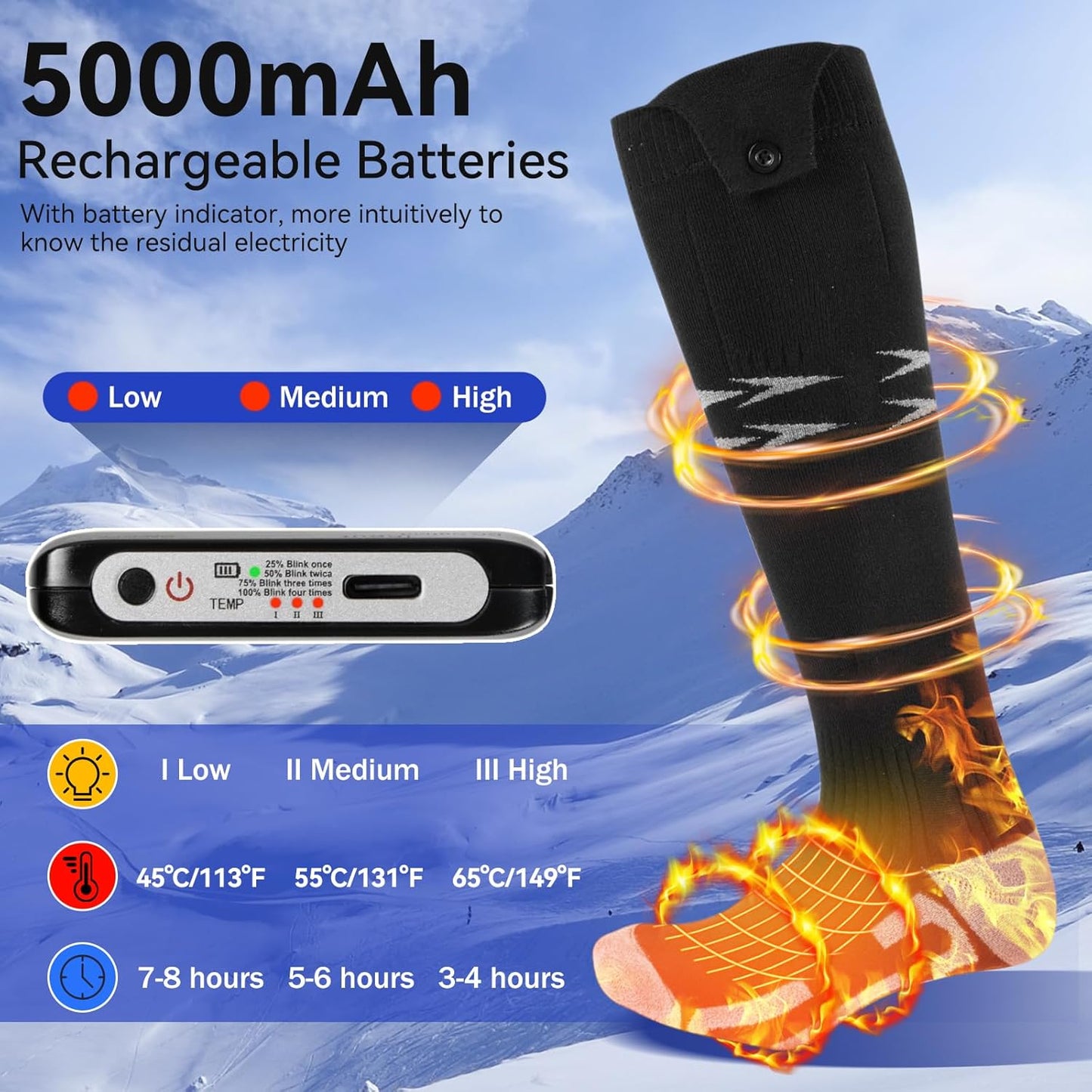 Ninonly Heated Socks for Women Men, APP Control 5000mA Heated Socks Warm Thermal Sock, 3 Heating Settings Winter Foot Warmer Socks for Hunting Camping Skiing Hiking Outdoors