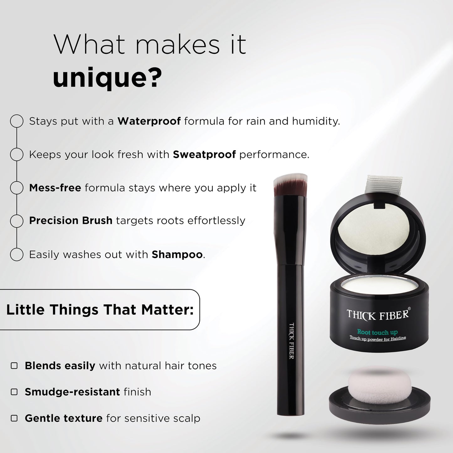 THICK FIBER Root Touch Up & Hairline Powder with Brush 4g – Covers Grey Roots & Thinning Hair – Sweat & Water Resistant – Hair Concealer for Bald Spots & Fill-In (Black) for Women & Men