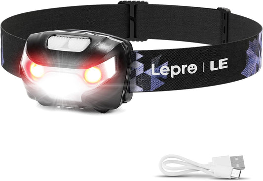 Lepro Rechargeable LED Headlamp, Dimmable Flashlight Headlamp with 5 Light Modes and Adjustable Headband, USB Cable Included, Rechargeable Headlights for Camping Hunting Climbing Running Outdoor