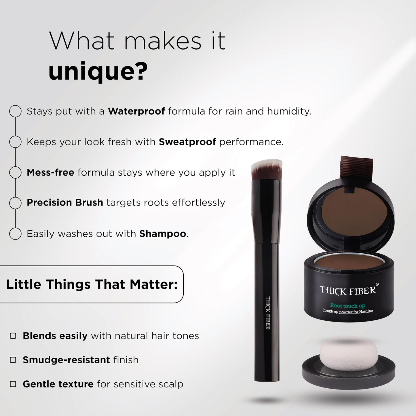 THICK FIBER Root Touch Up & Hairline Powder with Brush 4g – Covers Grey Roots & Thinning Hair – Sweat & Water Resistant – Hair Concealer for Bald Spots & Fill-In (Black) for Women & Men
