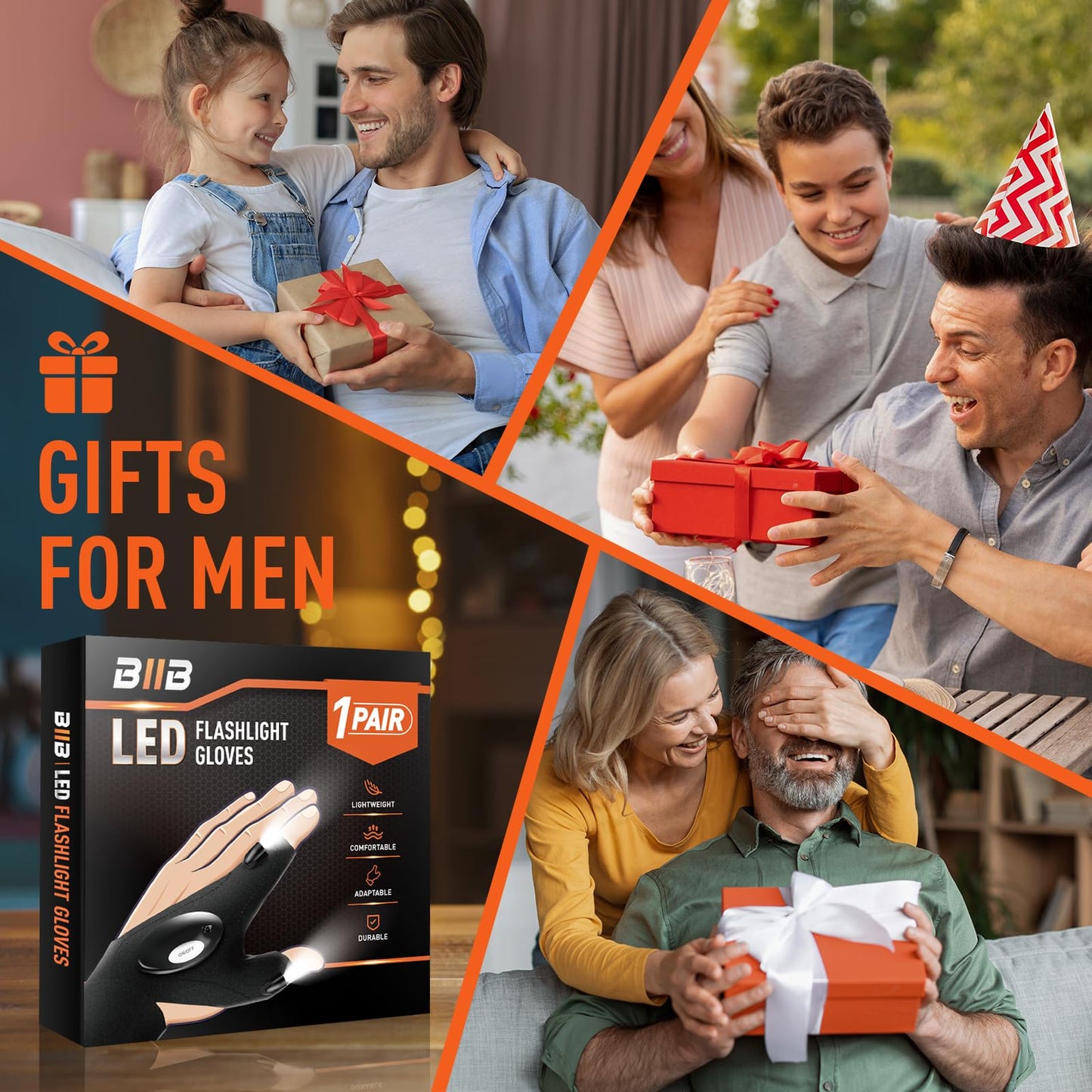 BIIB Stocking Stuffers for Men, Christmas Gifts for Men LED Flashlight Gloves, Mens Anniversary Birthday Gifts for Him Dad Boyfriend Husband, Mens Stocking Stuffers, EDC Camping Cool Gadgets Tools