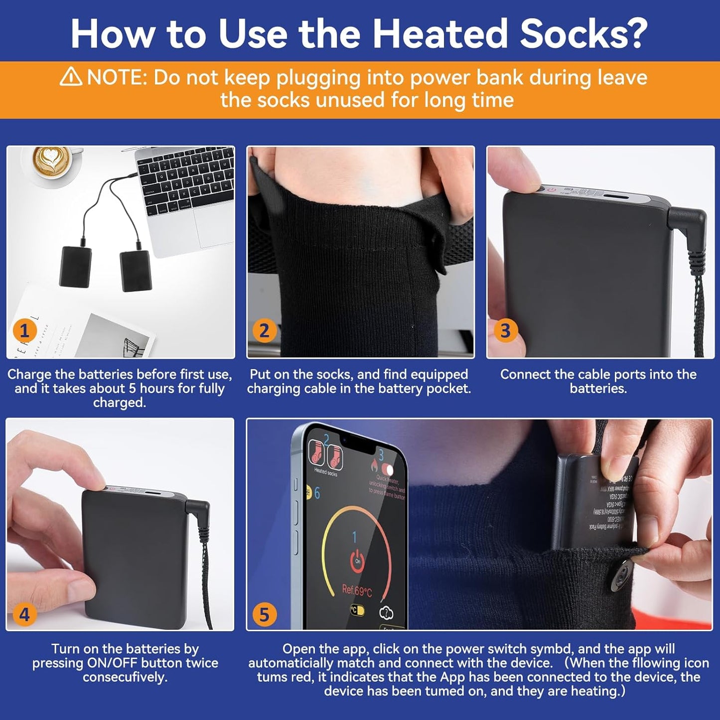 Ninonly Heated Socks for Women Men, APP Control 5000mA Heated Socks Warm Thermal Sock, 3 Heating Settings Winter Foot Warmer Socks for Hunting Camping Skiing Hiking Outdoors