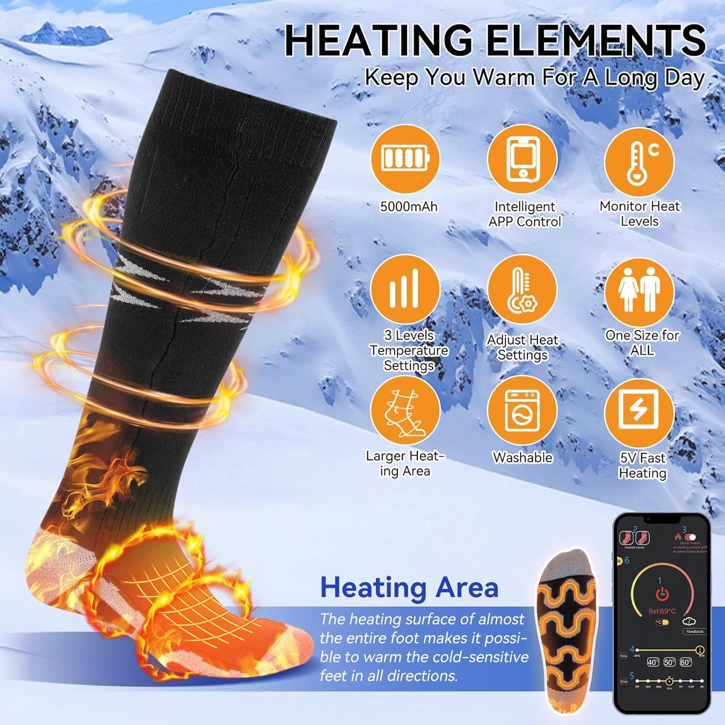 Ninonly Heated Socks for Women Men, APP Control 5000mA Heated Socks Warm Thermal Sock, 3 Heating Settings Winter Foot Warmer Socks for Hunting Camping Skiing Hiking Outdoors