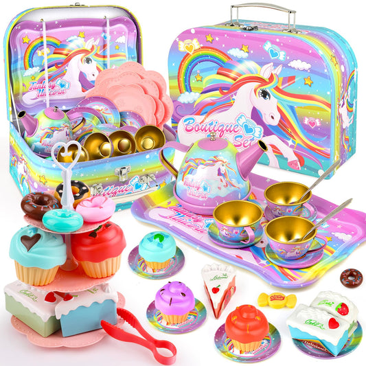 Flower Tea Set for Little Girls, Birthday Gift for Age 3 4 5 6 Year Old, Toddler Toys Tea Party Set for Little Girls, Princess Kids Kitchen Pretend Toy with Tin Tea Set, Desserts & Carrying Case