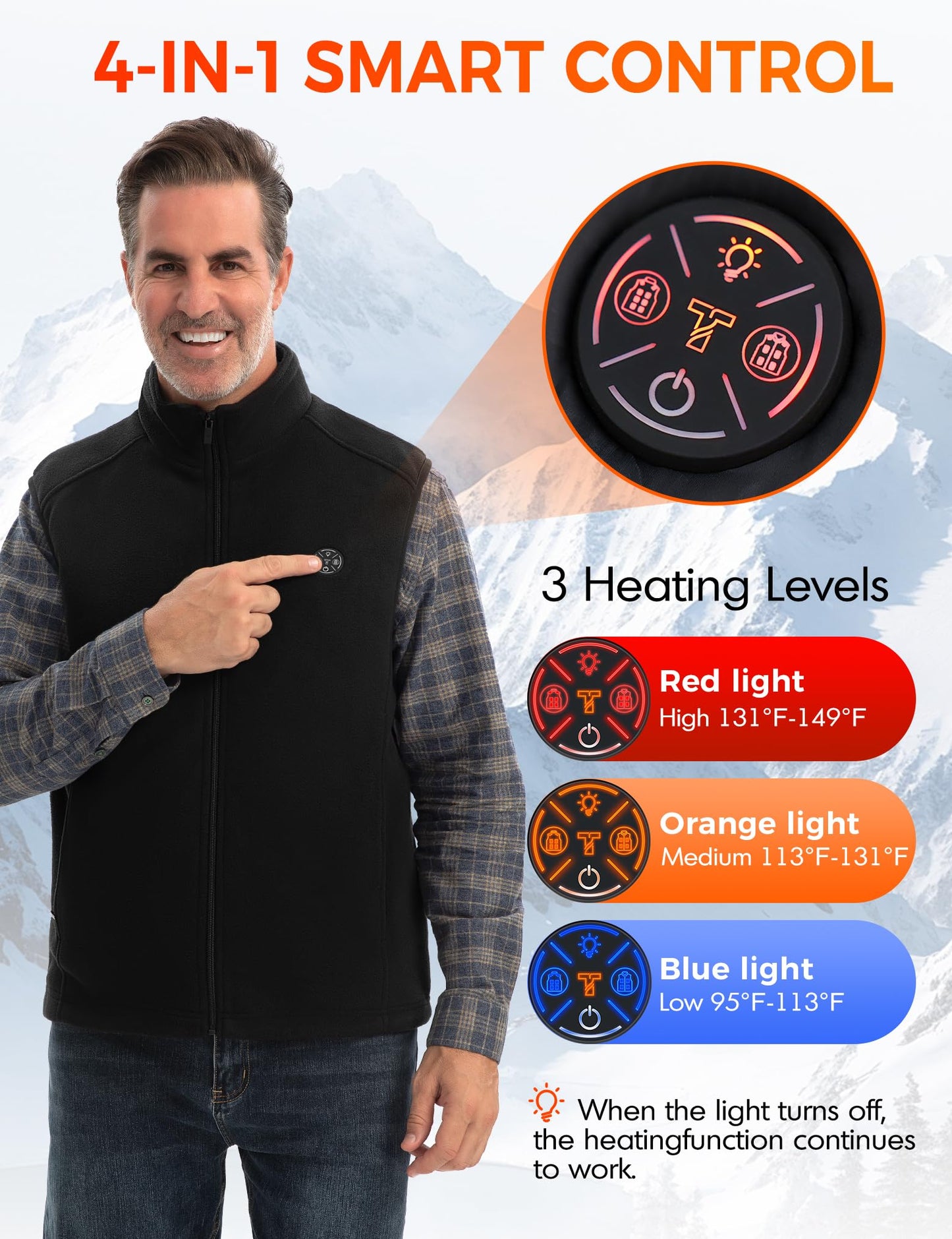Men's Heated Fleece Vest with Battery Pack 16000mAh/7.4V | 15-Zone Warming Rechargeable Heating Vests for Winter