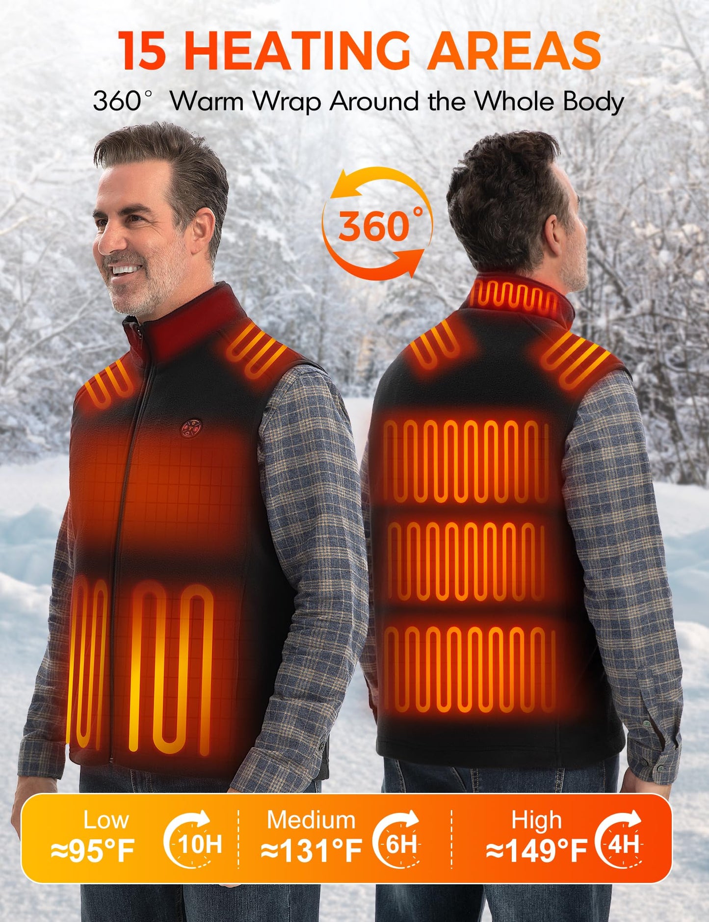 Men's Heated Fleece Vest with Battery Pack 16000mAh/7.4V | 15-Zone Warming Rechargeable Heating Vests for Winter