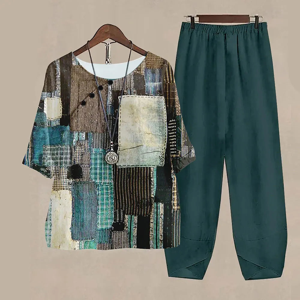 Summer 2 Piece Set Women Loose Short Sleeve Shirt Top High Waist Pants Flower Print Outfits Ladies Elegant Vintage Suit Fall