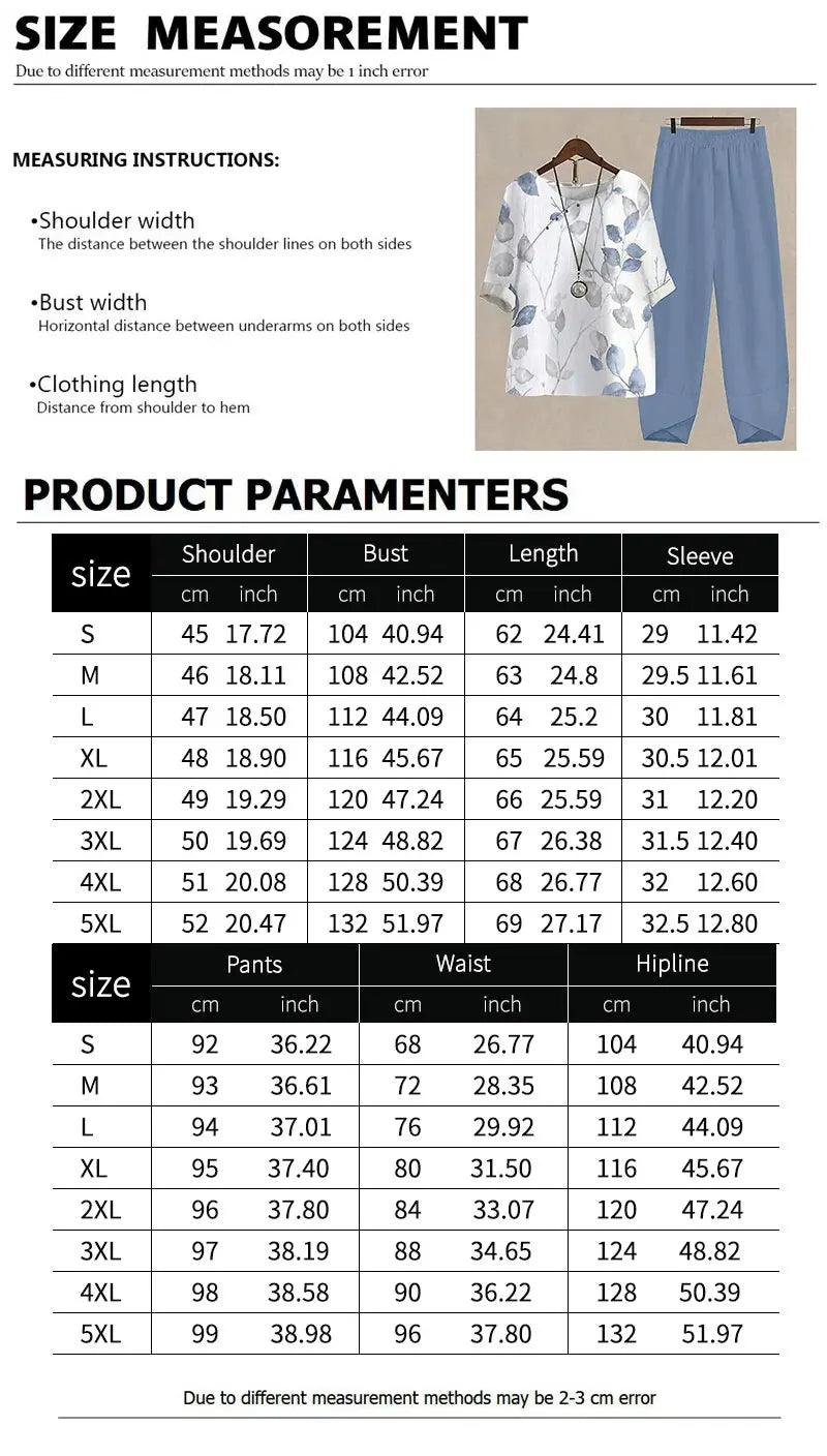 Summer 2 Piece Set Women Loose Short Sleeve Shirt Top High Waist Pants Flower Print Outfits Ladies Elegant Vintage Suit Fall