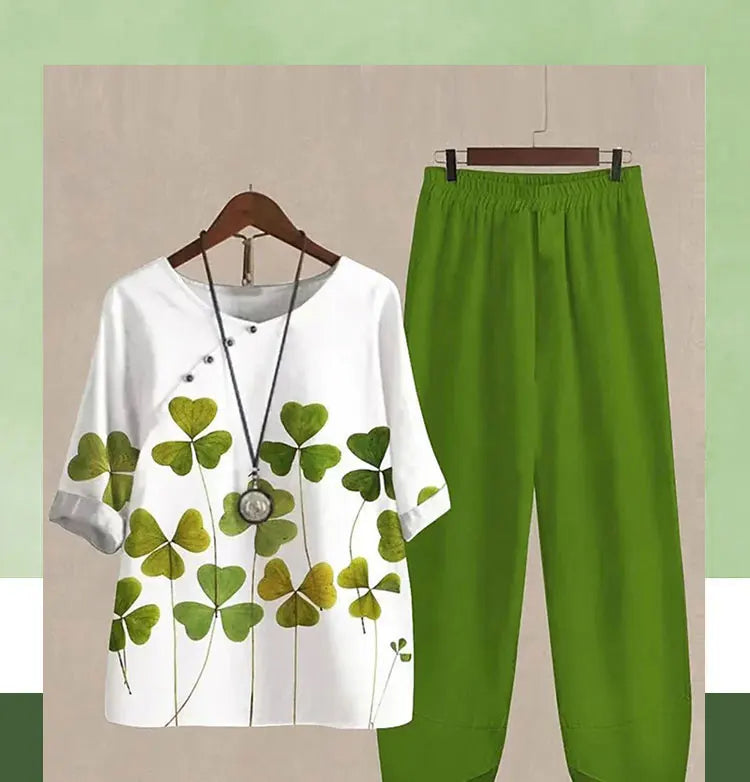 Summer 2 Piece Set Women Loose Short Sleeve Shirt Top High Waist Pants Flower Print Outfits Ladies Elegant Vintage Suit Fall