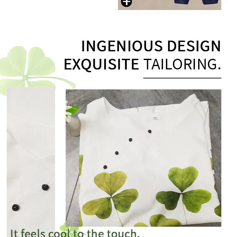 Summer 2 Piece Set Women Loose Short Sleeve Shirt Top High Waist Pants Flower Print Outfits Ladies Elegant Vintage Suit Fall