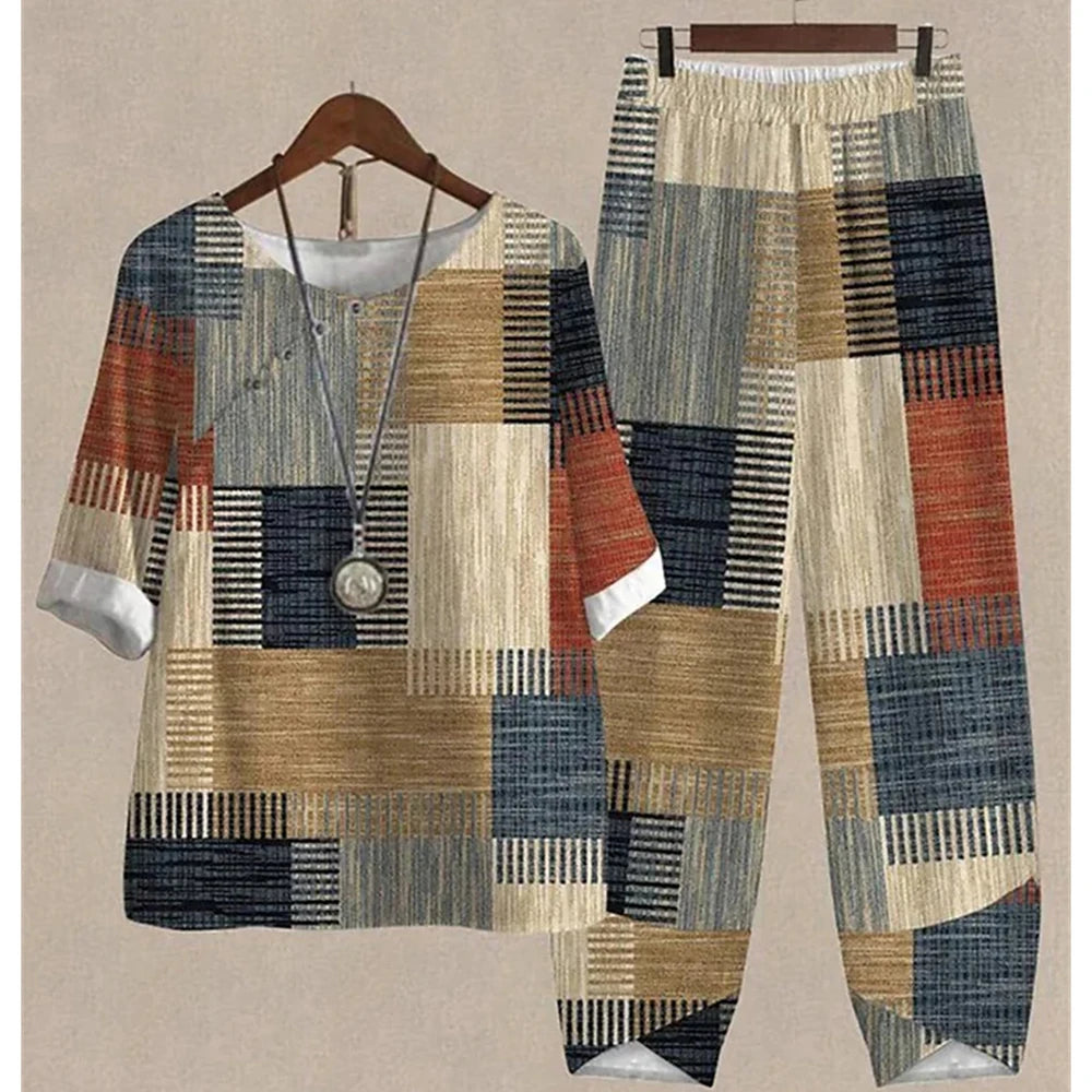 Summer 2 Piece Set Women Loose Short Sleeve Shirt Top High Waist Pants Flower Print Outfits Ladies Elegant Vintage Suit Fall