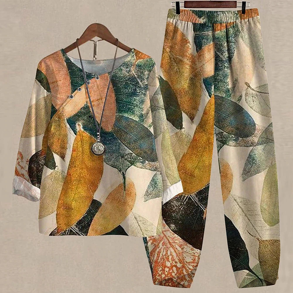 Summer 2 Piece Set Women Loose Short Sleeve Shirt Top High Waist Pants Flower Print Outfits Ladies Elegant Vintage Suit Fall