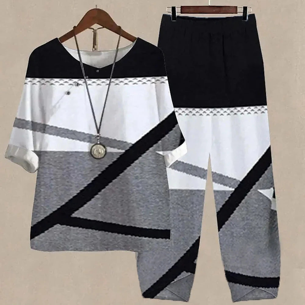 Summer 2 Piece Set Women Loose Short Sleeve Shirt Top High Waist Pants Flower Print Outfits Ladies Elegant Vintage Suit Fall